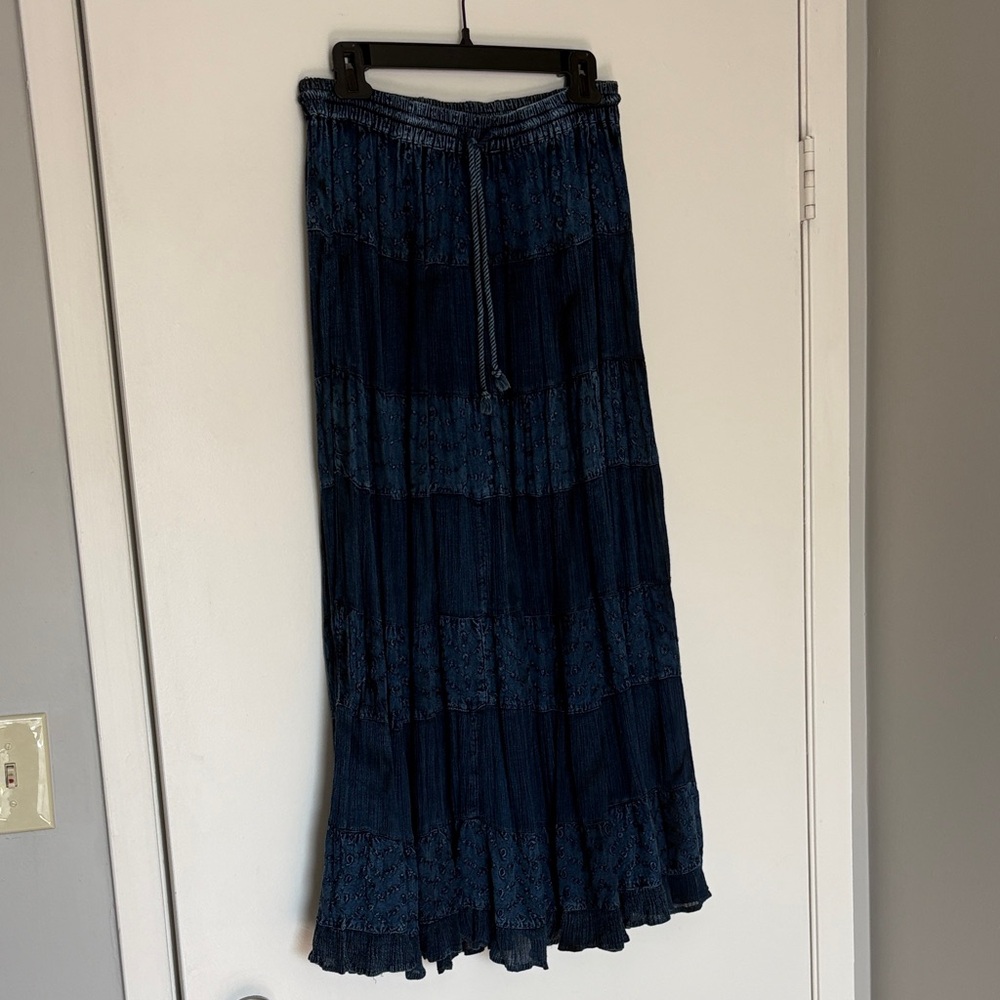 VINTAGE Sacred Threads Navy Tiered Maxi Skirt Boho Indie One Size